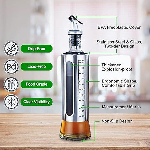 500ML Stainless Steel Transparent Glass Oil Pot Leak-proof